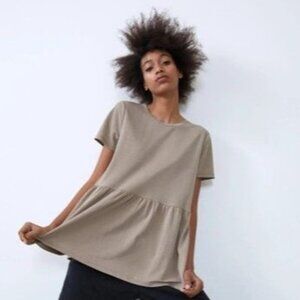 Zara Peplum Short Sleeve Top Khaki Size  S